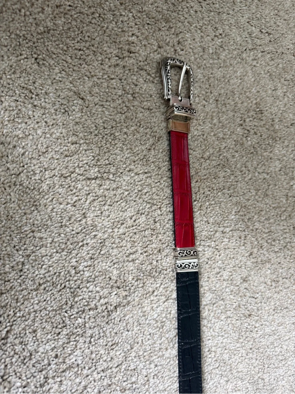 Brighton Red Croc-Embossed Leather Belt with Decorative Silver Buckle